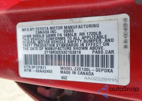 2003 Toyota Corolla Ce z USA, uszkodzony, nr VIN 2T1BR32E53C153816